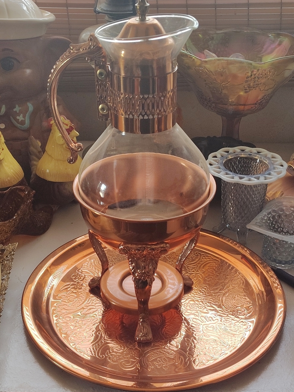 Princess House Copper-Tone Glass Coffee Server with Decorative Tray